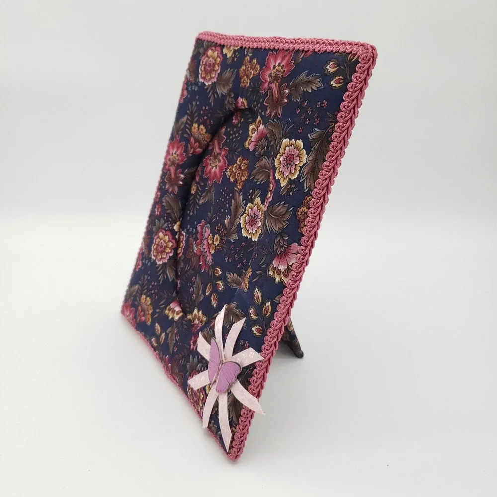 Vintage Floral Padded Fabric Photo Frame Pink Crochet Trim Butterfly Cottagecore